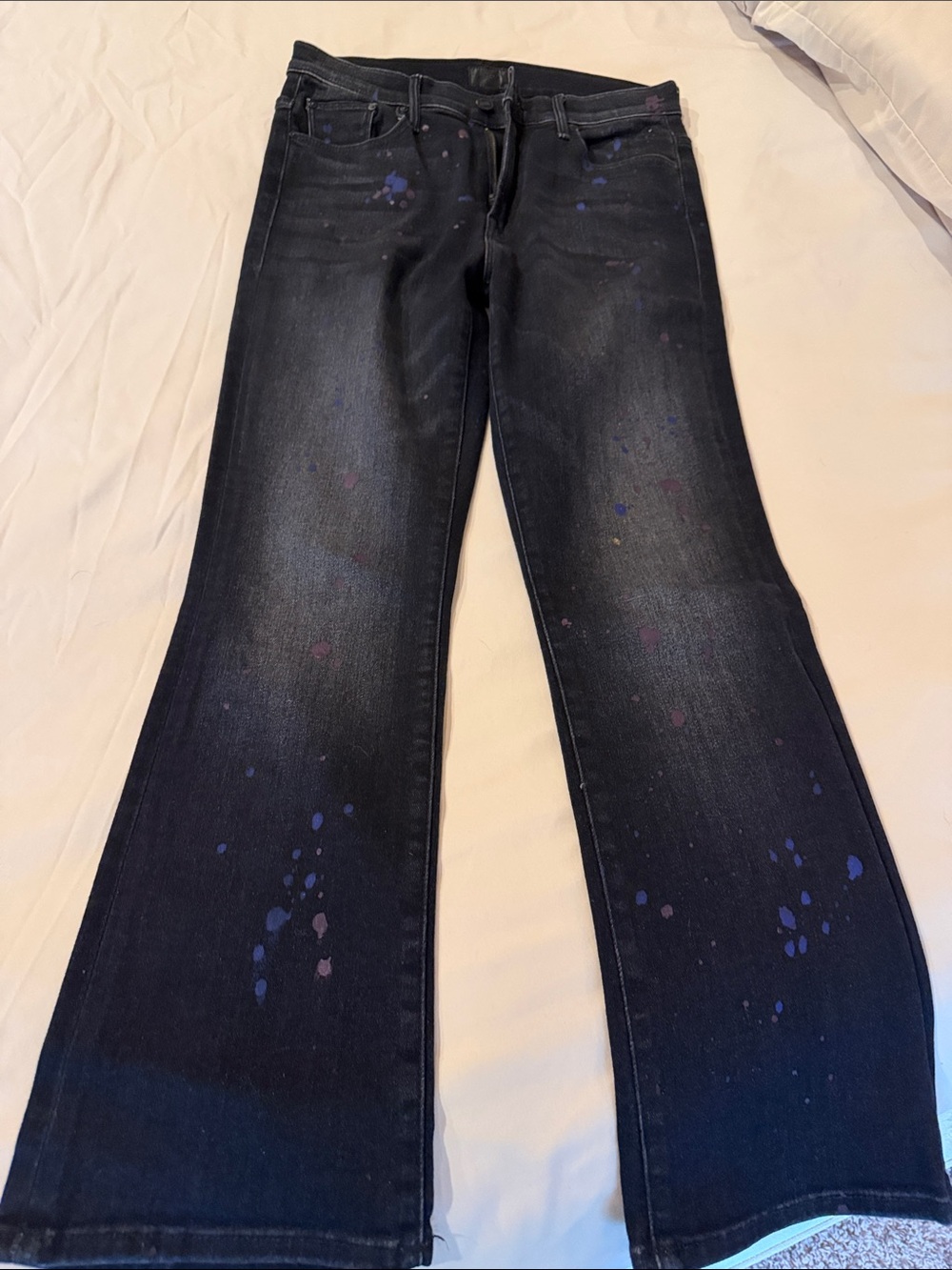MOTHER Black Flared Jeans with Blue and Purple Paint Splatters